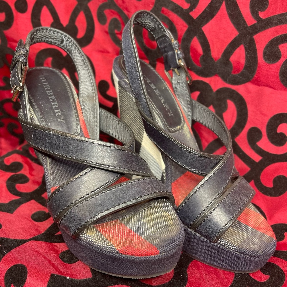 Burberry Black Leather Wedge Sandals